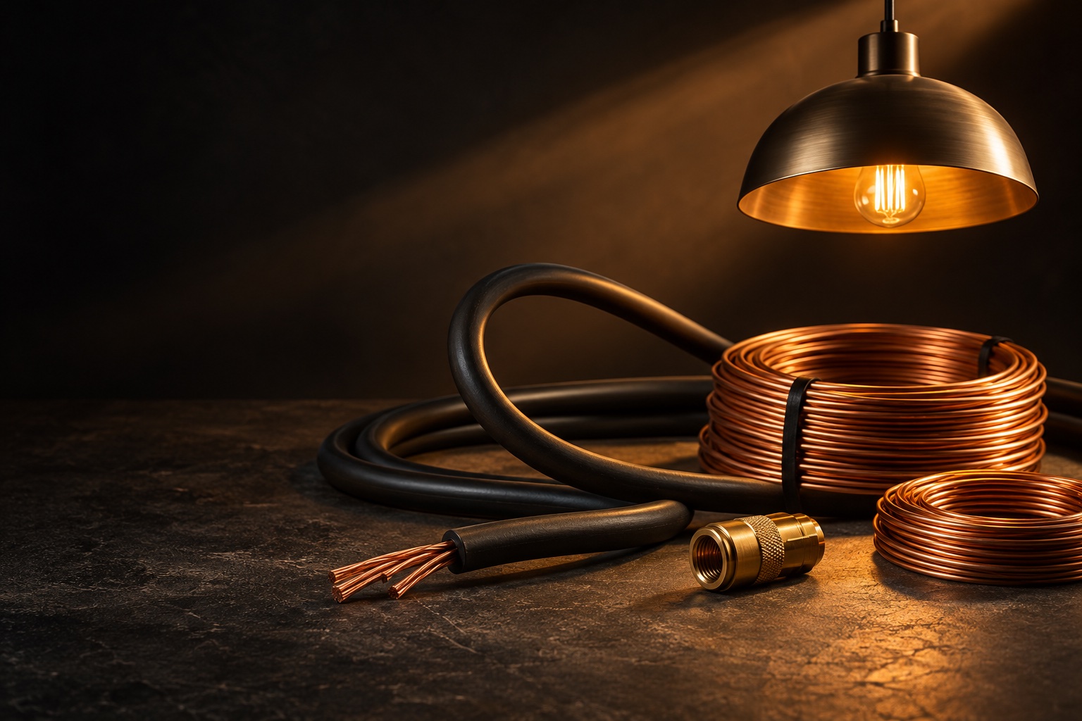 Illustrative AI study of warm pendant lighting, cable and copper coils; not client work